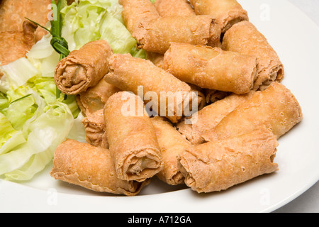 La plaque d'alimentation des rouleaux de printemps frits avec salade Banque D'Images