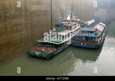 Cargoships Jangzi sur le fleuve dans la serrures Gezhouba près de Yichang, Chine Banque D'Images