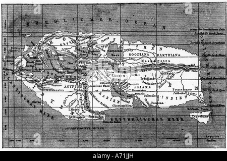 Cartographie, cartes du monde, carte du monde par Strabon, (environ 63 av. J.-C. - 23 av. J.-C.), gravure, Allemagne, XIXe siècle, Strabo, historien et géographe grec, science, sciences, géographie, vue du monde, monde ancien, historique, monde ancien, Banque D'Images