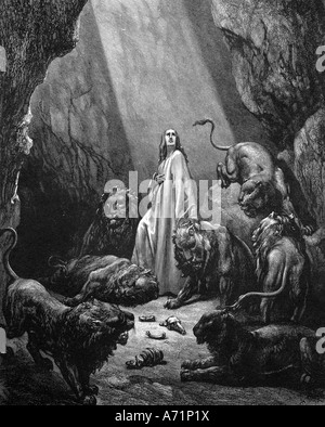 La religion, scènes bibliques, Daniel dans la lionsS den, gravure de Gustave Dore (1832 - 1883), 19e siècle, les lions, de captivité babylonienne, la religion, l'Ancien Testament, Livre de Daniel, l'artiste a le droit d'auteur , de ne pas être effacé Banque D'Images