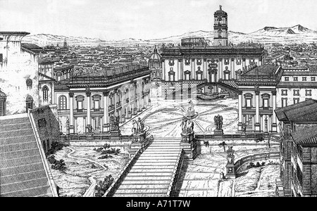 Géographie / voyages, Italie, Rome, Capitole, Piazza del Campidoglio, Palazzo Nuovo, palais des sénateurs, palais des conservateurs, début du XVIIe siècle, gravure après dessin de Letarouilly, XIXe siècle, historique, historique, Europe, architecture, renaissance, construit en 1603, Banque D'Images