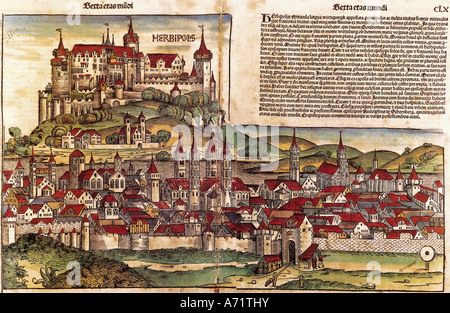 Géographie / voyage, Allemagne, Würzburg, vue sur la ville / paysages urbains, gravure sur bois en couleur par Michael Wohlgemut ou Wilhelm Pleydenwurff, monde chronique d'Hartmann Schedel, Nuremberg, 1493, historique, historique, 15e siècle, moyen-âge, l'évêque residences 742 - 1803, l'archevêque, forteresse, château, châteaux, Marienberg, Franconia, Bavaria, catholique, de la petite église, cathédrale, ville, mur, fossé, porte de ville, inscript, Wuerzburg, Würzburg, vue sur la ville, paysage urbain, médiévale, l'artiste n'a pas d'auteur pour être effacé Banque D'Images