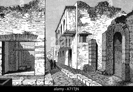 Géographie / Voyage, Italie, Pompéi, ruine de maison avec reçu étage supérieur, gravure après dessin par Johannes Overbeck, (1826 - 1895), historique, XIXe siècle, Europe, monde ancien, scène de rue, ruines, archéologie, excavation, Campagna, UNESCO World Cultural Heritage site / sites, monde ancien, peuple, Banque D'Images