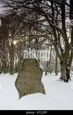 Pierre debout dans la neige à Clava Cairns site historique près de l'Ecosse Inverness Culloden Banque D'Images