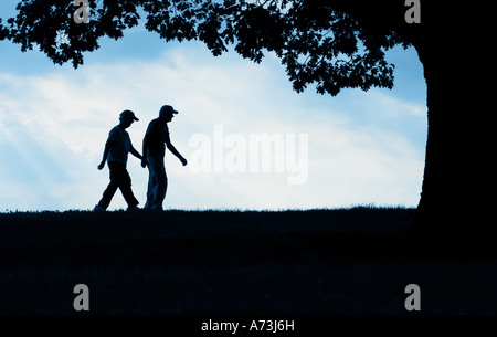 2 personnes âgées, hommes et femmes en couple silhouette marcher le long de l'horizon à l'encontre d'un beau ciel bleu Banque D'Images