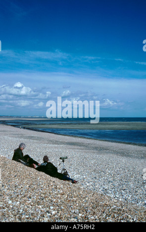 Les observateurs d'oiseaux sur une plage de galets ; Pagham, près de Selsey Bill, West Sussex, Angleterre, Royaume-Uni. Banque D'Images