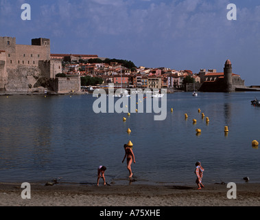 Le 13ème siècle, le Château des Templiers vu de la Plage de port d'Avall à Collioure Banque D'Images