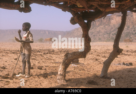 Un garçon Dogon de manger les graines de baobab à côté d'un refuge de bovins, près de Tereli, Pays dogon, Mali Banque D'Images