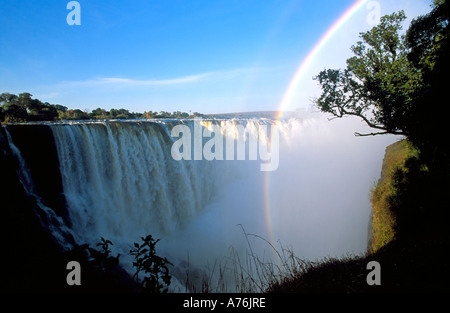 Un arc-en-ciel contre un ciel bleu sur Victoria Falls en raison de la grande quantité de pulvérisation dans l'air. Banque D'Images