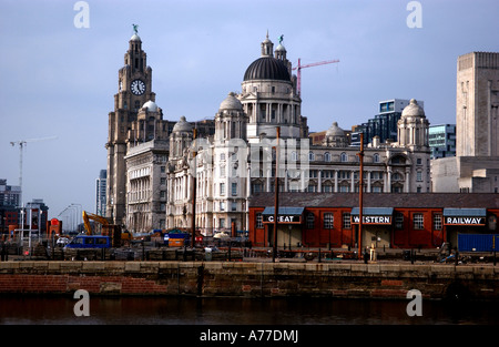 Le centre-ville de Liverpool pris de l'Albert Dock developement montrant le célèbre bâtiment du foie Banque D'Images