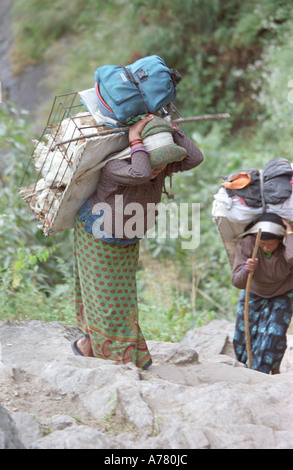 Nepali woman carrying poulets à vendre en haute montagne dans la région de l'Annapurna lieux rencontre près de Jagat Népal village Banque D'Images