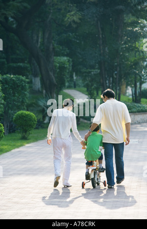 Boy riding bicycle avec roues d'entraînement, les parents des deux côtés, vue arrière Banque D'Images