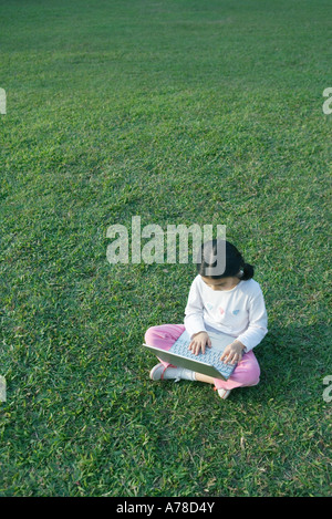 Girl sitting in grass using laptop Banque D'Images