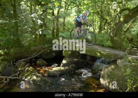 Femme Vélo de montagne équitation à Dartmoor au Royaume-Uni Banque D'Images