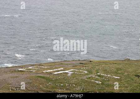 Irlande : un signe qui définit l'Irlande dans les roches sur un pâturage sur les eaux houleuses de côte nord-ouest de l'Irlande du Nord annonçant le nom de l'île. Banque D'Images