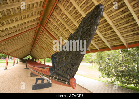 La nouvelle zelande site du Traité de Waitangi maison et du terrain Whare waka Canoe House et Ngatokimatawhaorua embout sculpté Banque D'Images