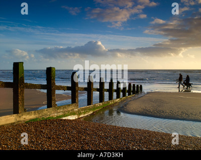 Camber Sands Manche promener le chien Banque D'Images