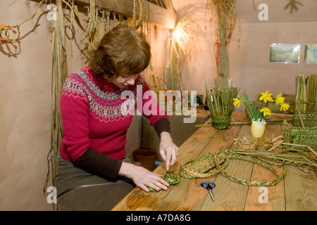 Anna Lewington tisser avec les joncs récoltés dans un traditionnel et durable de la rivière Stour, dans le Dorset, Angleterre Banque D'Images