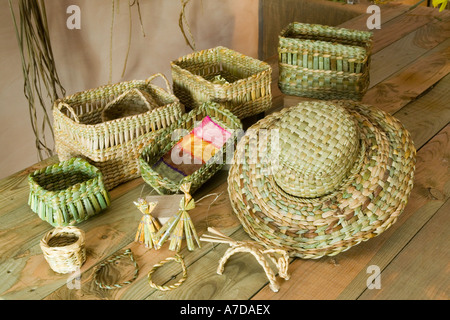 Anna Lewington faire un panier avec des joncs récoltés dans un traditionnel et durable de la rivière Stour, dans le Dorset, Banque D'Images