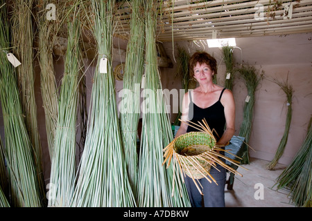 Anna Lewington avec joncs récoltés dans un traditionnel et durable de la rivière Stour, dans le Dorset, Angleterre Banque D'Images