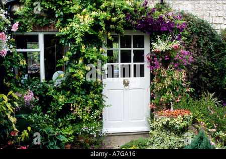 La porte du chalet avec plantes grimpantes Banque D'Images