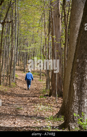 Prairieville Michigan A woman hikes along a trail in the woods in western Michigan in the spring Banque D'Images
