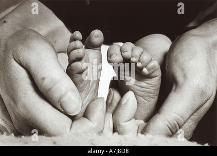Adorable bébé pieds bercé dans une main aimante mère Banque D'Images