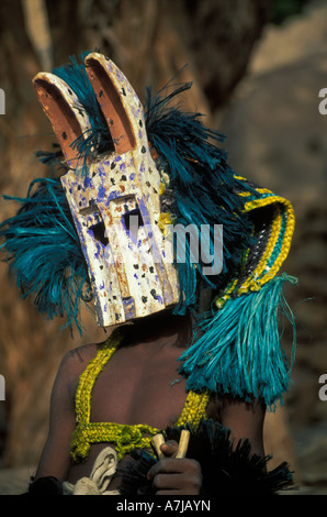 Danseur masqué à la Dama festival, Ireli village en dessous de la falaise de Bandiagara, pays dogon, Mali Banque D'Images