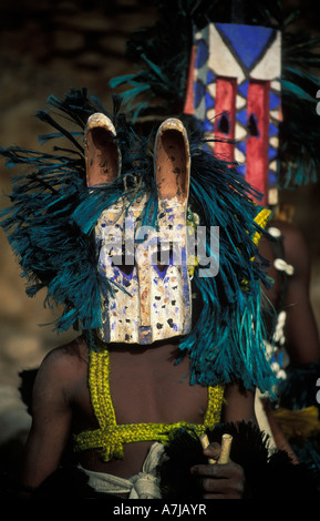 Danseur masqué à la Dama festival, Ireli village en dessous de la falaise de Bandiagara, pays dogon, Mali Banque D'Images