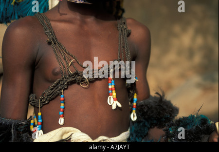 Danseur masqué à la Dama festival, Ireli village en dessous de la falaise de Bandiagara, pays dogon, Mali Banque D'Images