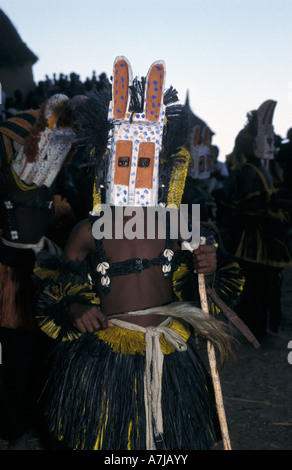 Danseur masqué à la Dama festival, Ireli village en dessous de la falaise de Bandiagara, pays dogon, Mali Banque D'Images