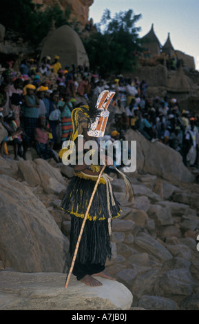 Danseur masqué à la Dama festival, Ireli village en dessous de la falaise de Bandiagara, pays dogon, Mali Banque D'Images