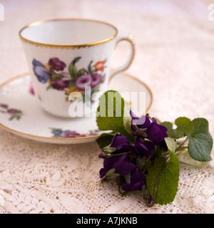 Tasse en porcelaine avec bouquet de violettes Banque D'Images