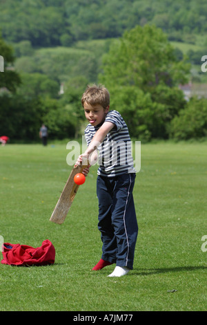 Jeune garçon joue cricket avec un morceau de vieux bois improvisés comme une chauve-souris dans le parc local Banque D'Images