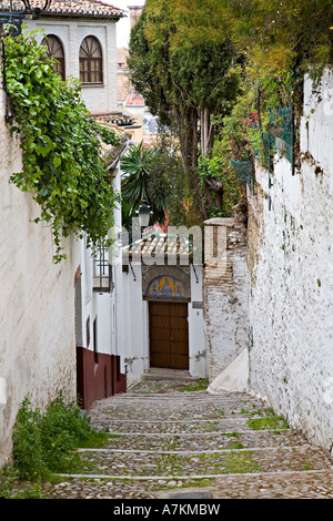 Jolie rue pavées escarpées Grenade Espagne Banque D'Images