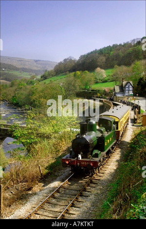 Un réservoir du moteur tire un train sur le chemin du patrimoine de Llangollen à Berwyn station dans la vallée de la Dee, au nord du Pays de Galles. Banque D'Images