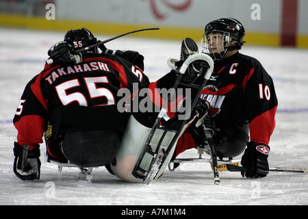 Les joueurs du Japon célébrer après Ishida scores au cours du premier match de la ronde préliminaire masculine de hockey sur luge entre JPN SWE Banque D'Images