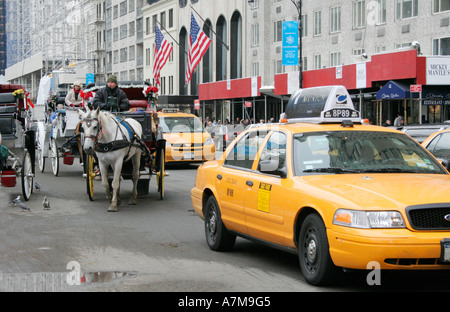 Cheval et chariot. Buggy. Les taxis jaunes. La ville de New York. USA. L'hiver. Banque D'Images