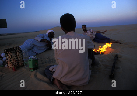 Twilight un thé au Sahara la grande mer de sable près de l'oasis de Siwa sur la frontière de la Libye et l'Egypte Banque D'Images