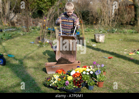 Un garçon de sept ans est de pousser une brouette avec terra à planter des fleurs au printemps Banque D'Images