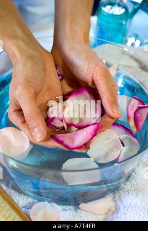 Personne's hands holding pétales dans un bol d'eau Banque D'Images