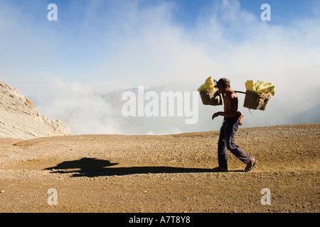 Homme portant le soufre du Kawah Ijen (Kawa Ijen volcano), Java, Indonésie Banque D'Images