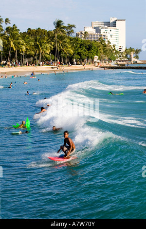 Une jeune pensionnaire du corps dans les eaux au large de la plage de Waikiki Banque D'Images