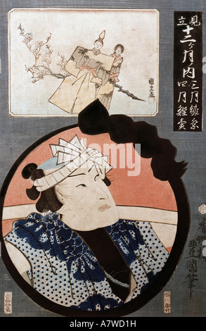 Beaux-arts, Hiroshige Utagawa (1797 - 1858), Surimono (Félicitations), portrait d'un acteur, gravure sur bois en couleur, 19e siècle, collection privée, , n'a pas d'auteur de l'artiste pour être effacé Banque D'Images