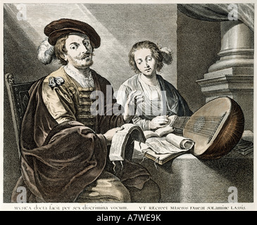 La musique, des groupes de musique, ensemble, duett, gravure couleur par Adam Bolswerth, (1586 - 1659) après la peinture par Th. Rombouts, (1597 - 1637), collection privée, musiciens, chanteur, people, couple, Pays-Bas, 17e siècle, historique, historique, l'artiste n'a pas d'auteur pour être effacé Banque D'Images