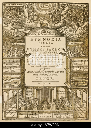 Praetorius, Michael, 15.2.1571 - 15.2.1621, compositeur allemand, œuvres, 'Hymnodia Sionia', Hambourg, 1611, titre, coupe de bois, collection privée, , Banque D'Images