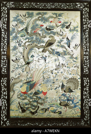 Beaux-arts, la Chine, le textile, la broderie de soie, 000 congratulatingm d'oiseaux, l'empereur des Qing, xviiie siècle, musée d'Ethnographie, Berlin, l'artiste n'a pas d'auteur pour être effacé Banque D'Images