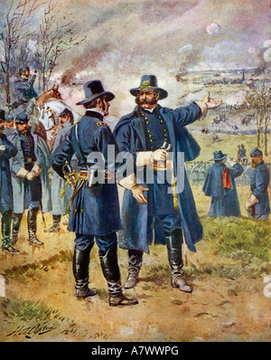 Burnside Général Général commande Hooker pour charger les hauteurs à Fredericksburg Décembre 1862 Guerre de Sécession. Lithographie couleur Banque D'Images