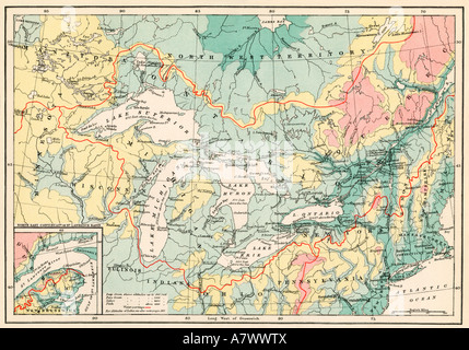 La carte des Grands Lacs et le bassin hydrographique du Saint-Laurent. Lithographie couleur Banque D'Images