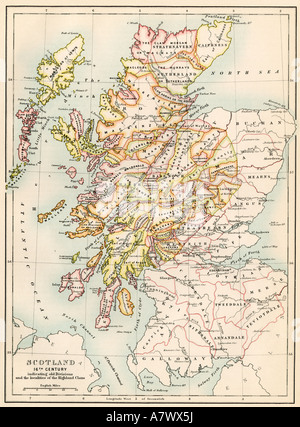 La carte de l'Écosse dans les années 1520 montrant les territoires des clans des Highlands. Lithographie couleur